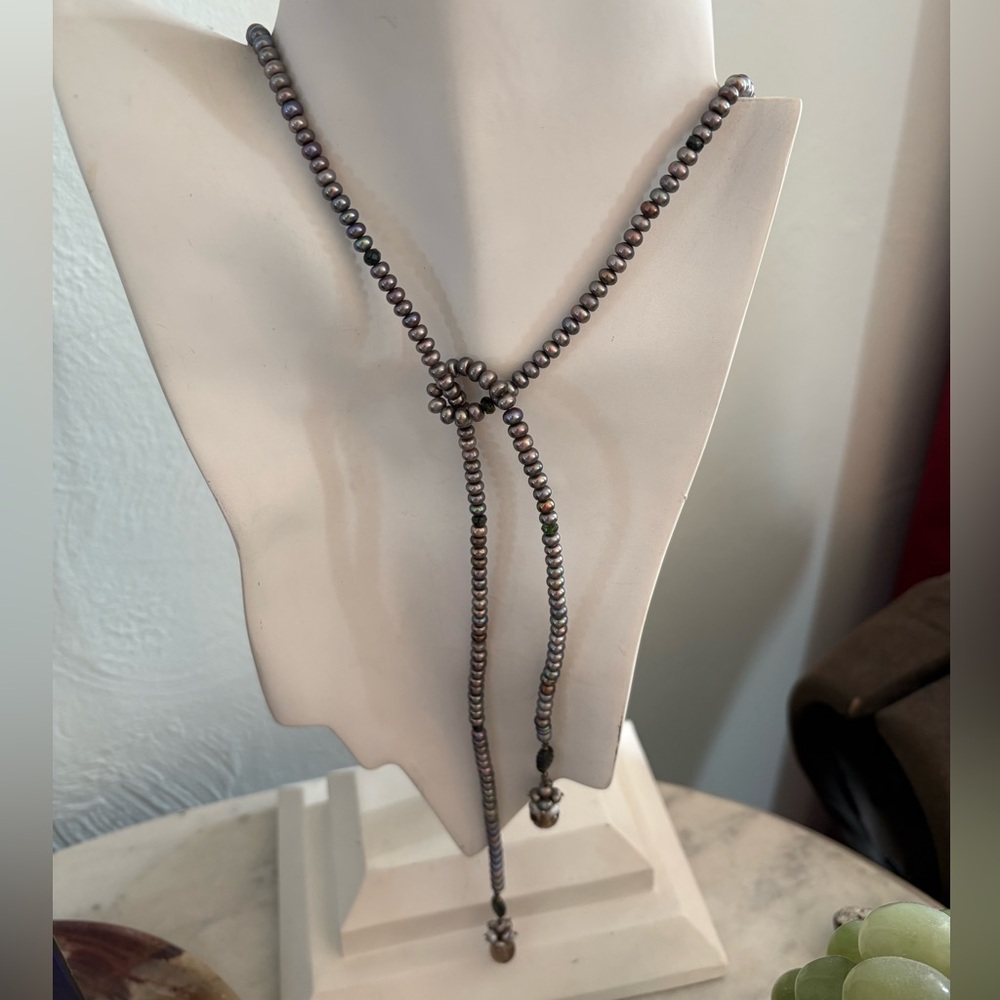 Iridescent Gray Button Pearl 39” Rope Necklace